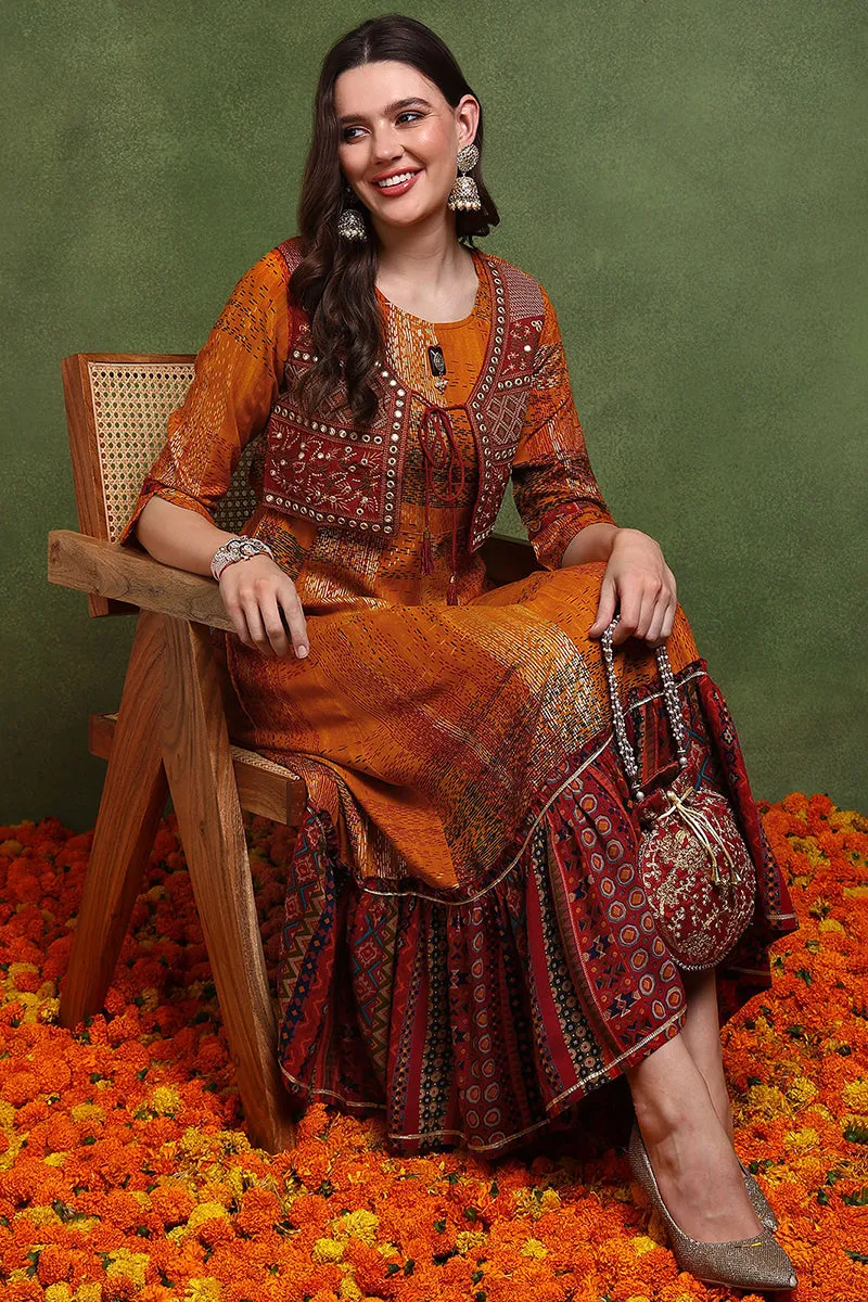 Mustard Viscose Rayon Abstract Printed A Line Kurta With Jacket