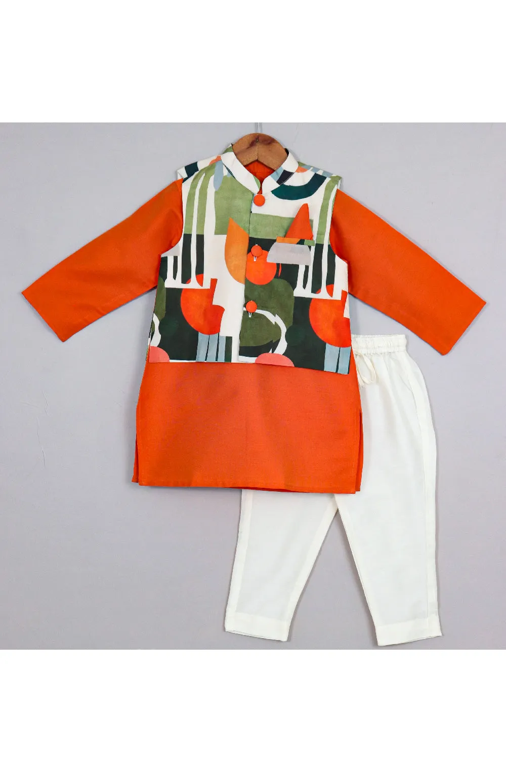 Orange Cotton Silk Kurta With Abstract Printed Jacket Set