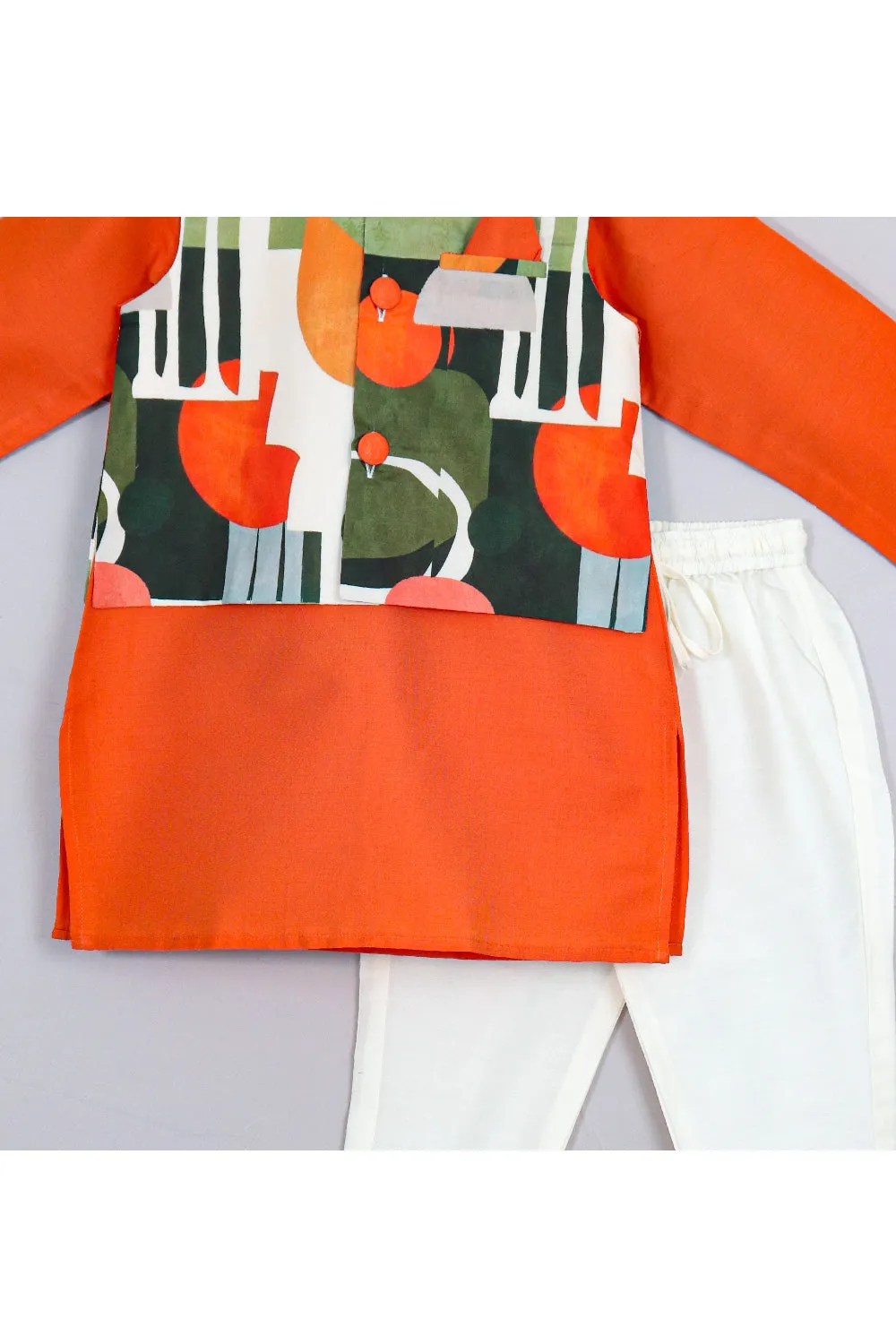 Orange Cotton Silk Kurta With Abstract Printed Jacket Set