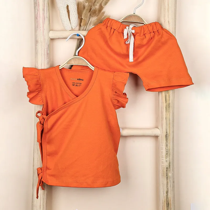 Organic Cotton Co-Ord Set For Kids | Front Open Kimono Top & Shorts | Orange