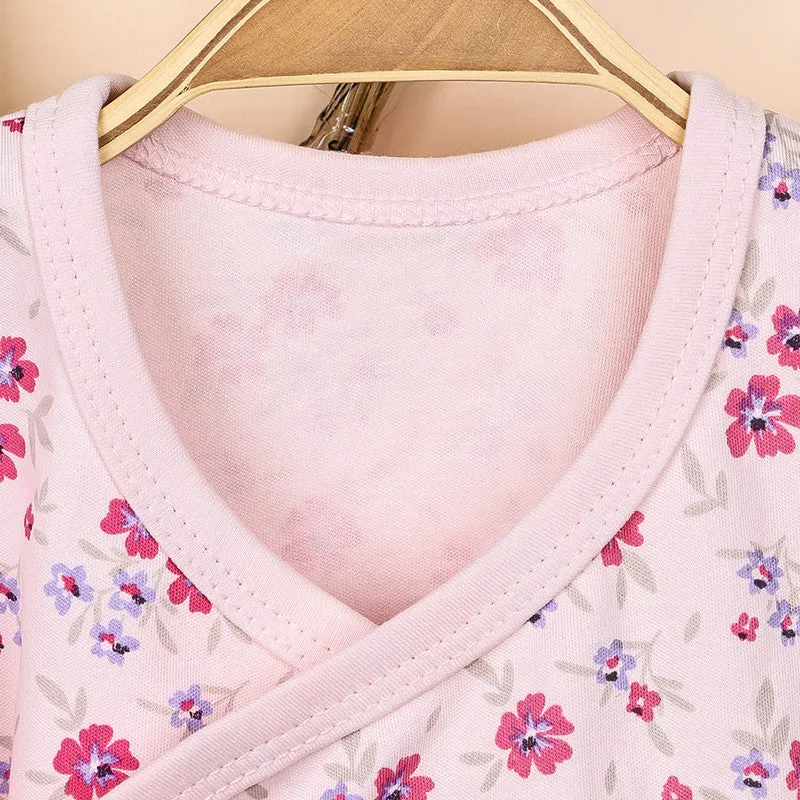 Organic Cotton Kimono Top For Baby Girl | Front Open Flower Printed | Pink