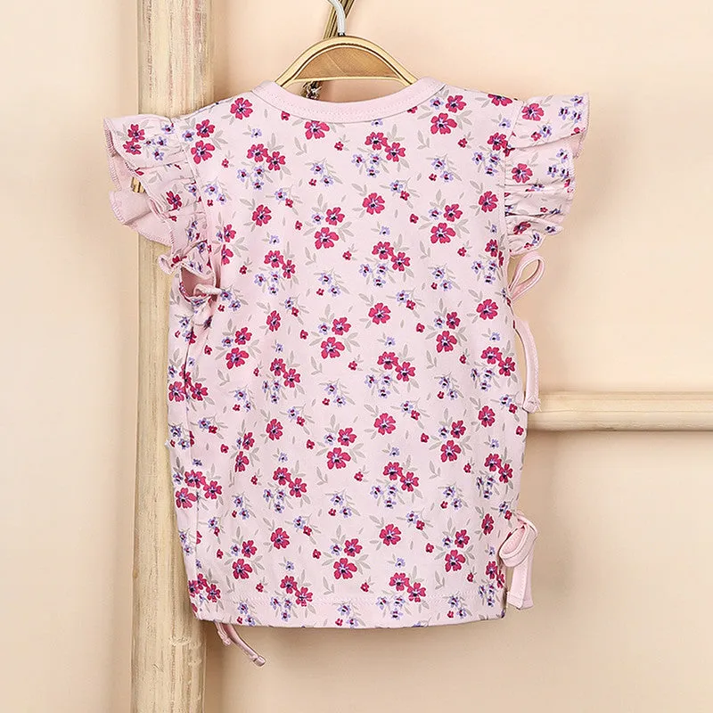 Organic Cotton Kimono Top For Baby Girl | Front Open Flower Printed | Pink