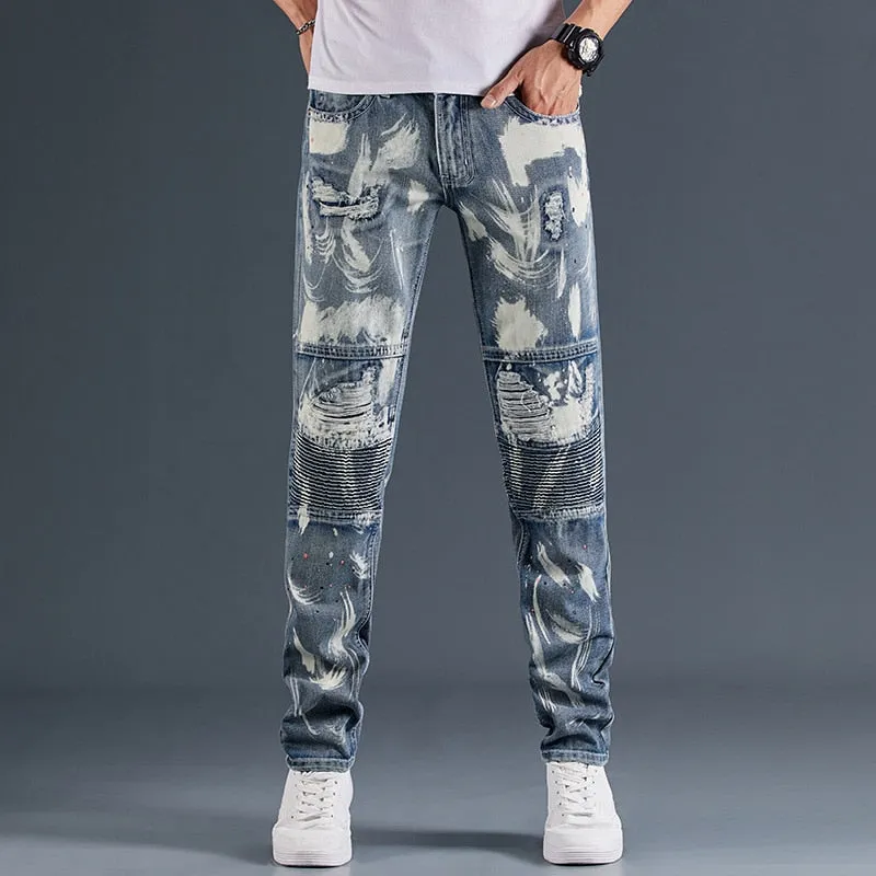 Paint Stain Decorated Patchwork Grey Jeans