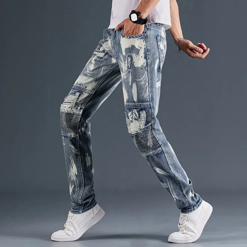 Paint Stain Decorated Patchwork Grey Jeans