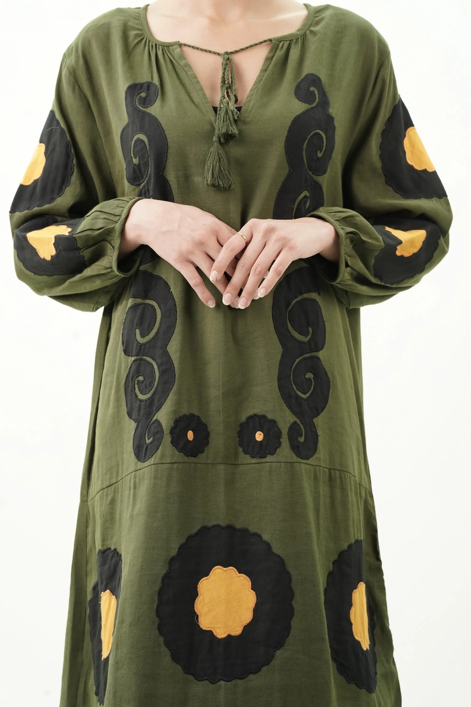 Patch Work Olive Cotton Dress