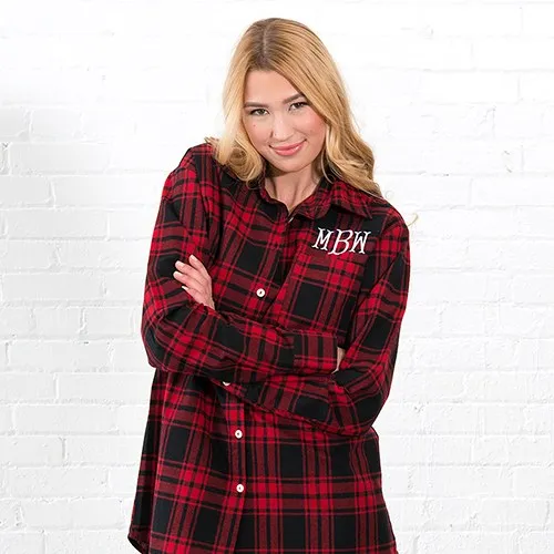 Personalized Embroidered Red Plaid Boyfriend Shirt For Bridesmaids