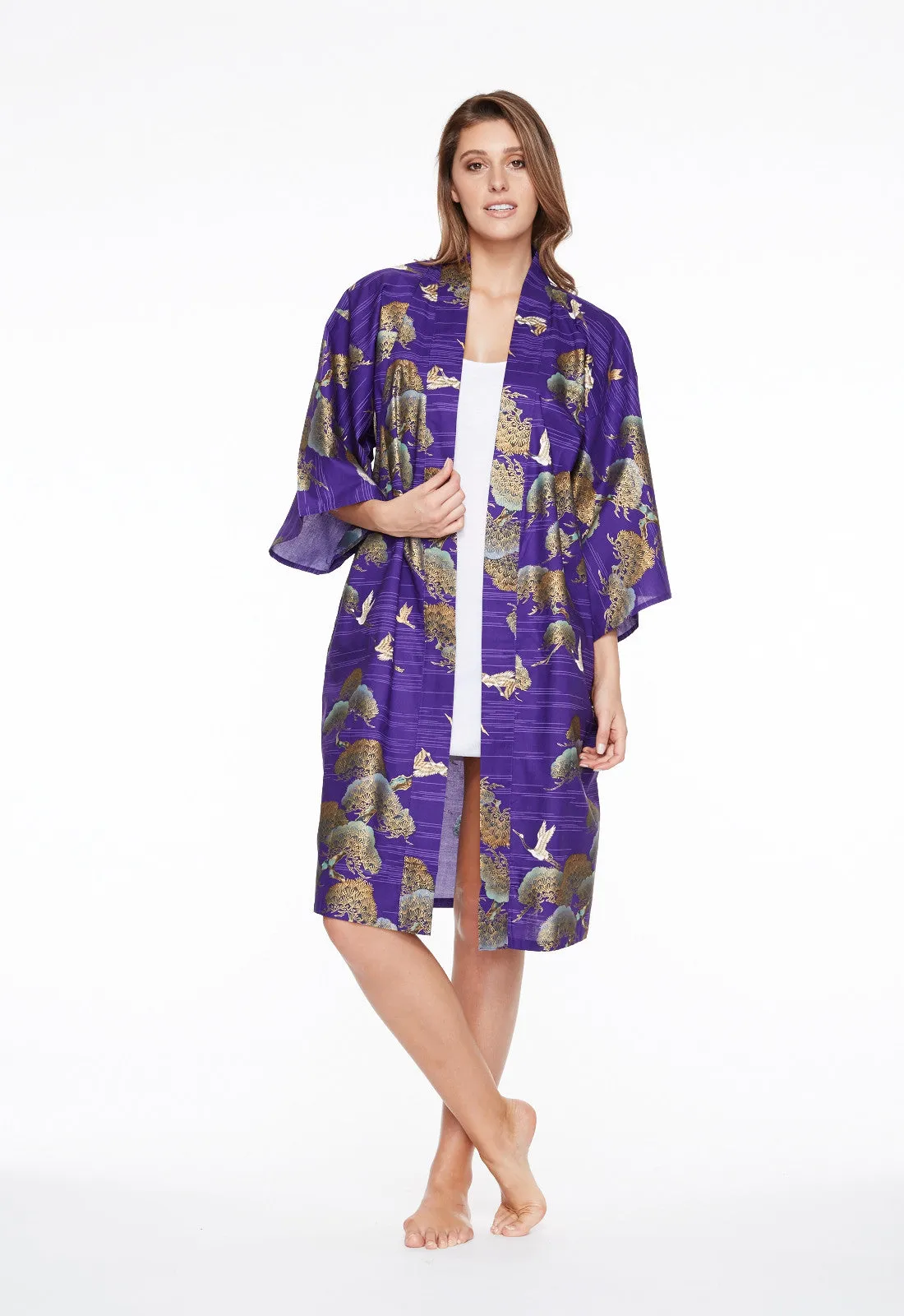 Pines & Cranes Womens Short Cotton Kimono