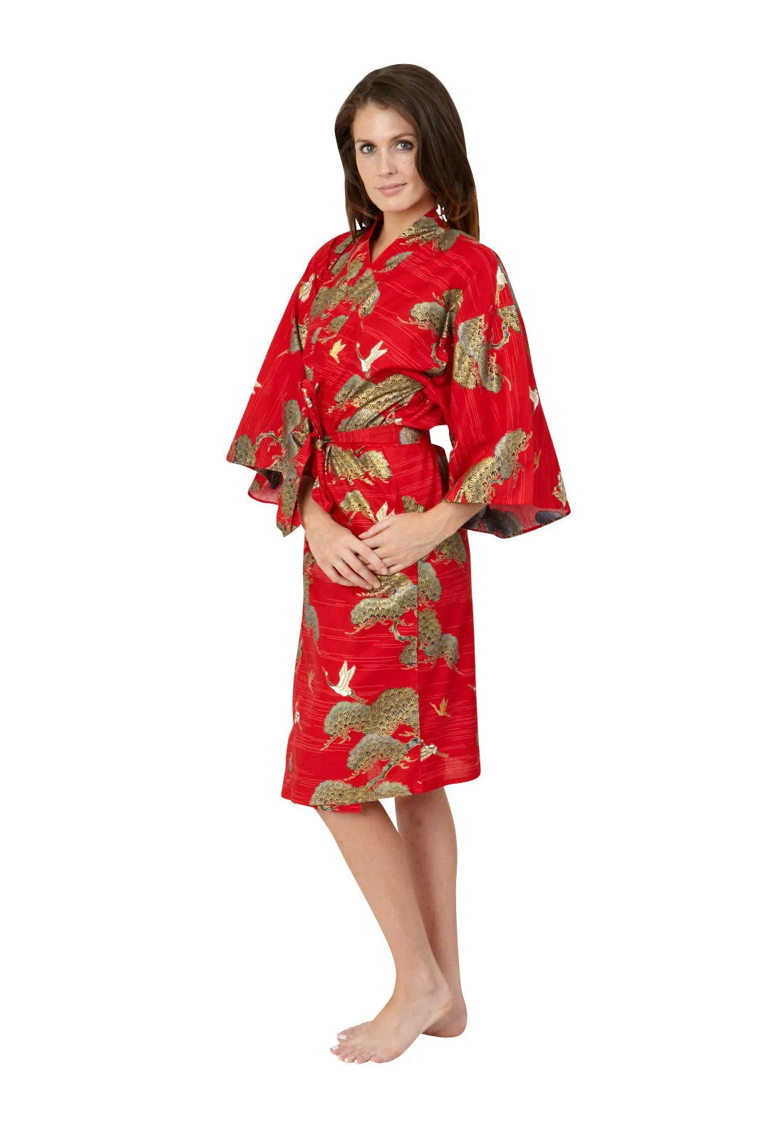 Pines & Cranes Womens Short Cotton Kimono