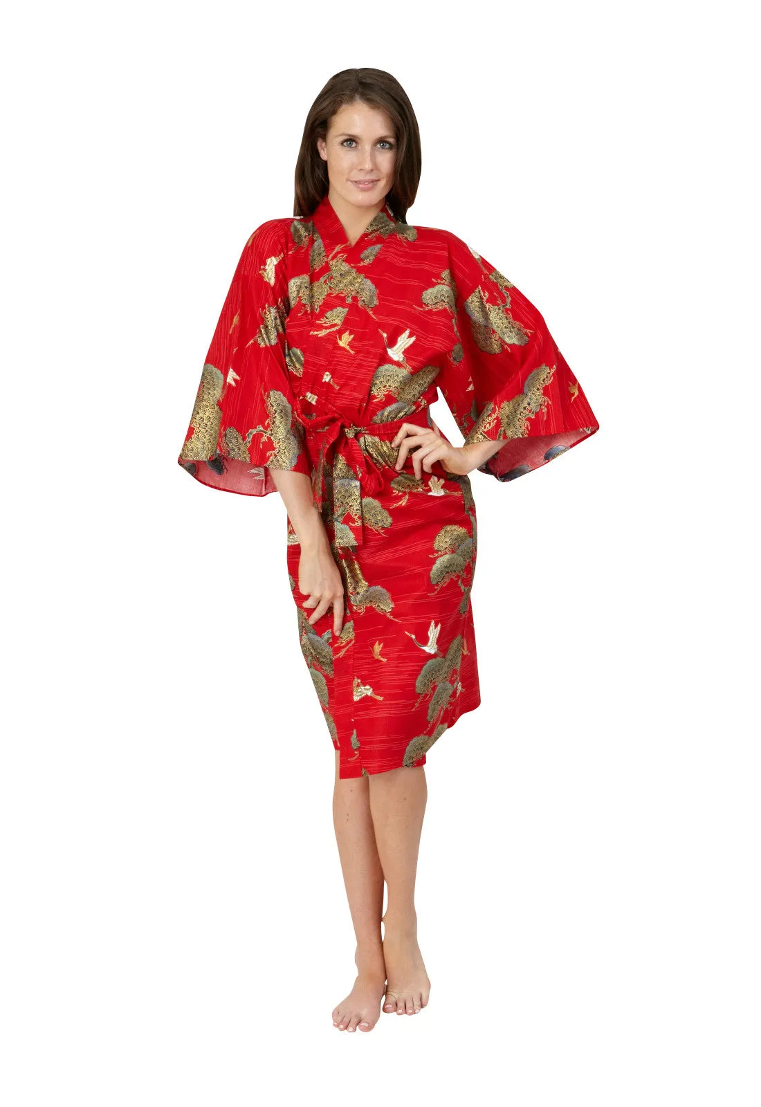 Pines & Cranes Womens Short Cotton Kimono