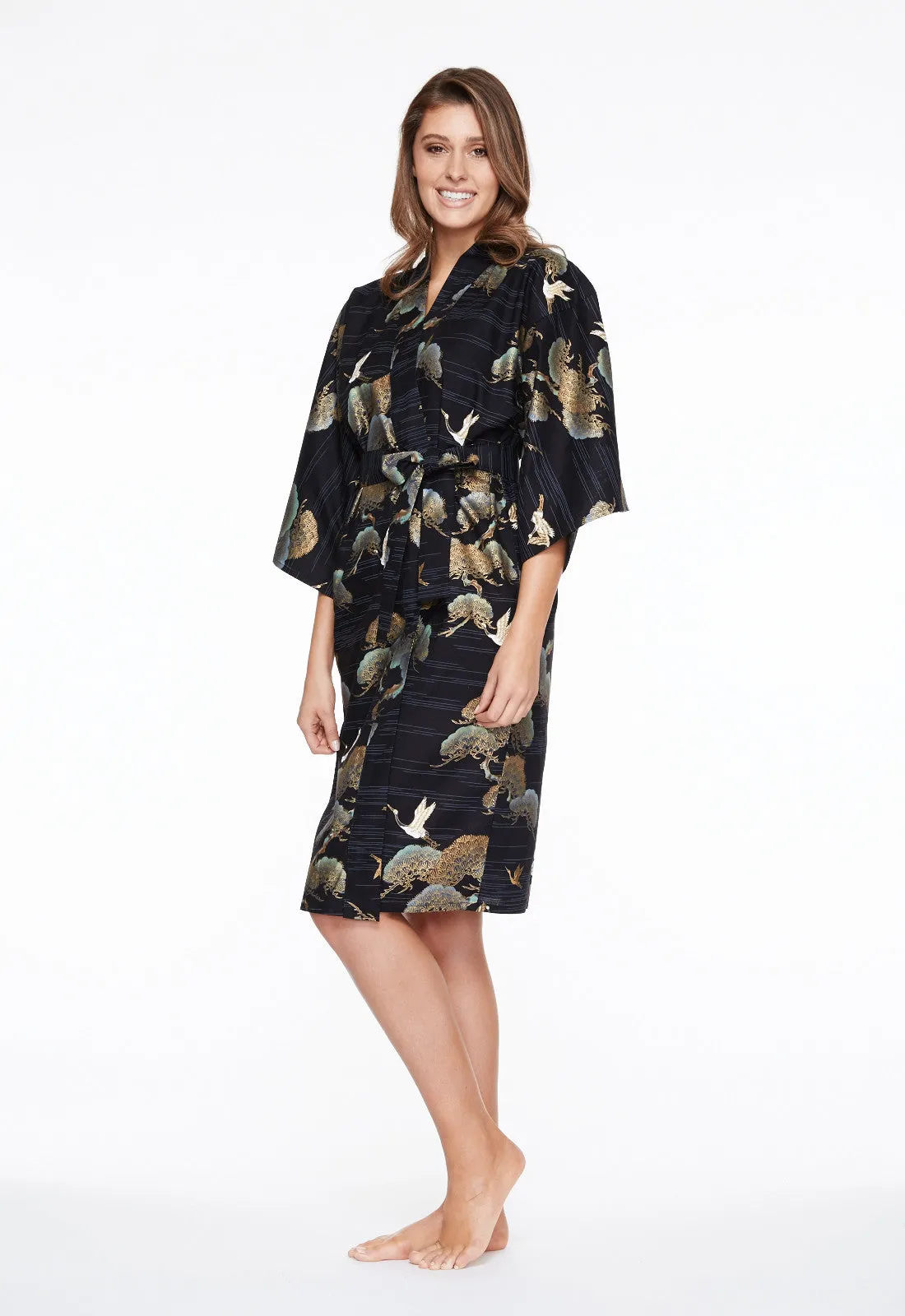 Pines & Cranes Womens Short Cotton Kimono