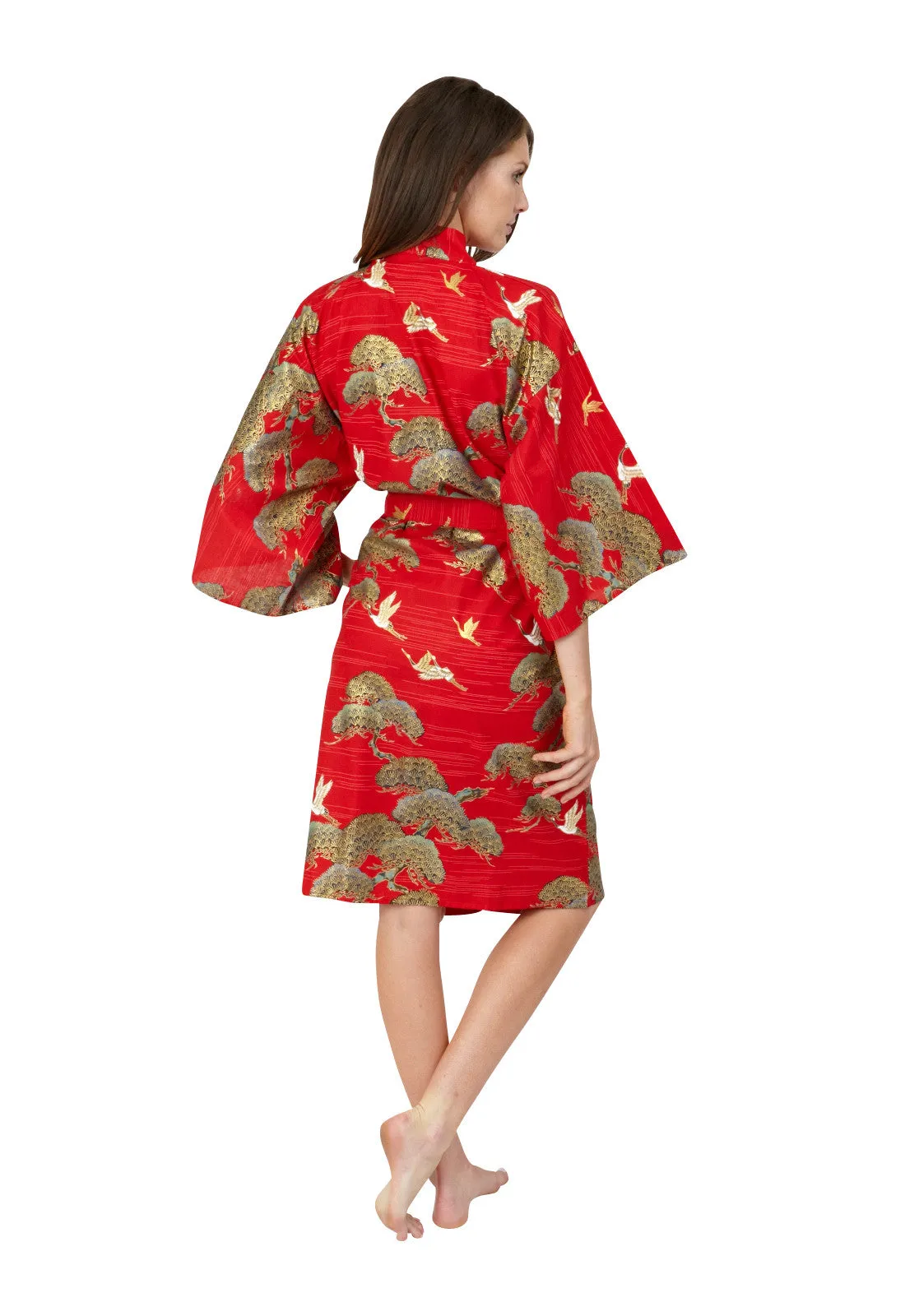 Pines & Cranes Womens Short Cotton Kimono