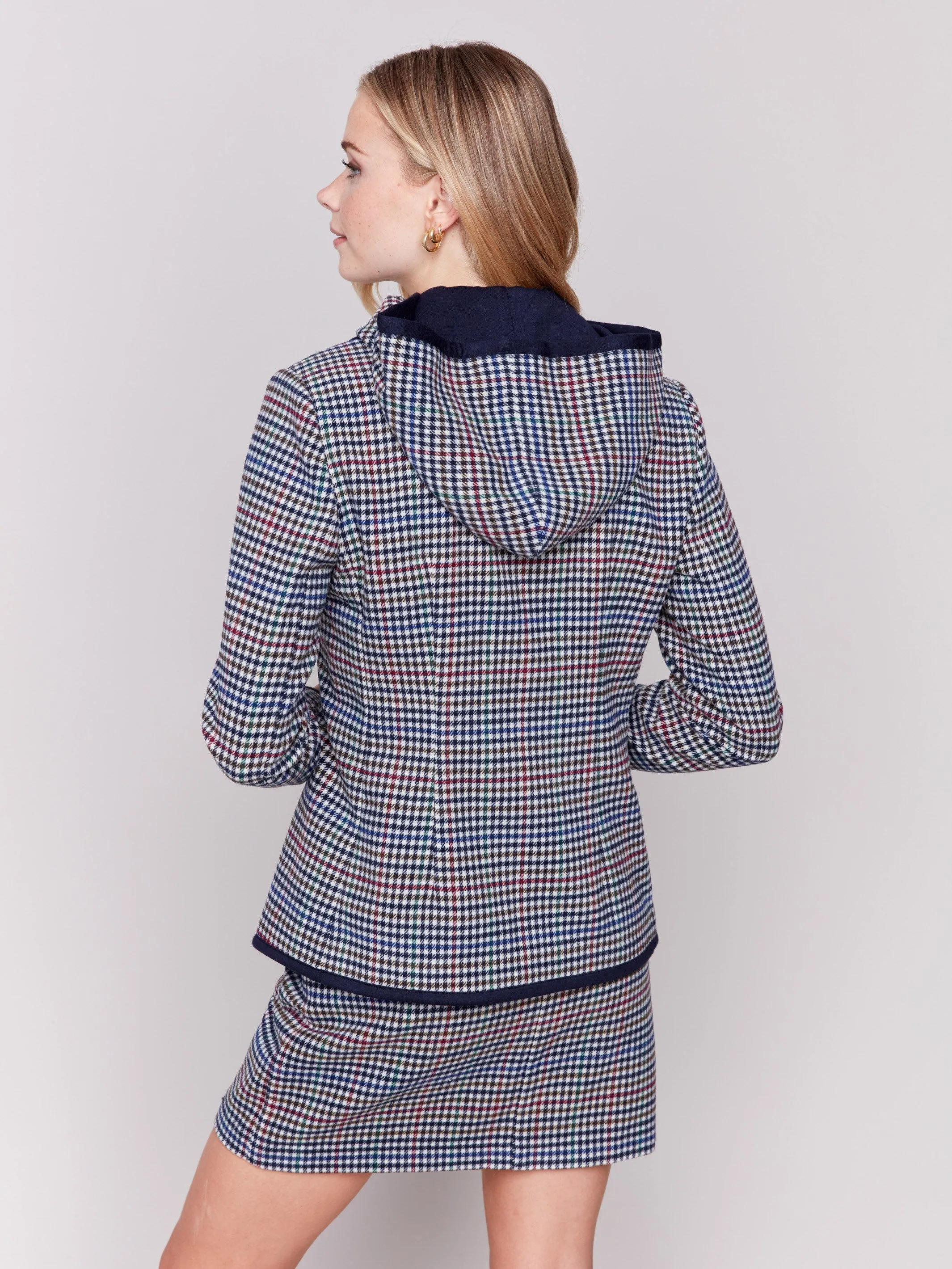 Plaid Woven Blazer with Hood - Almond