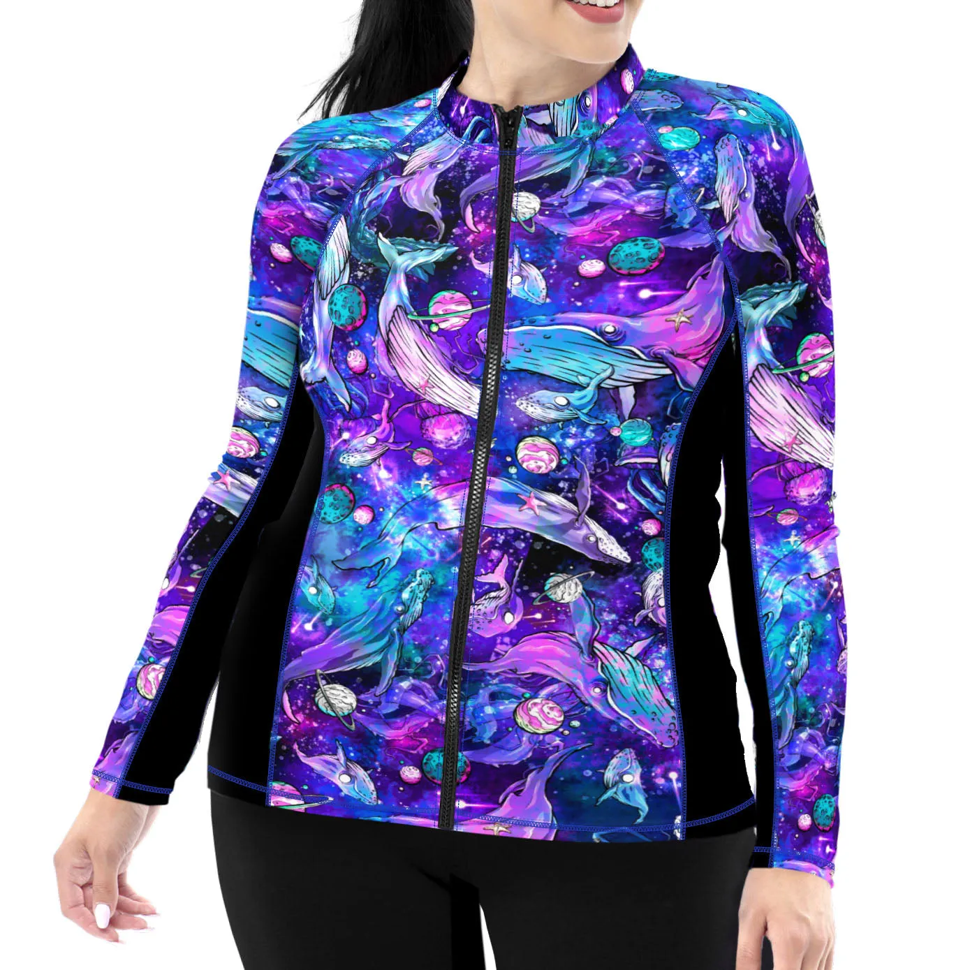 Plus Size Eco-friendly Full Zip Up Cosmic Whale Rash Guard