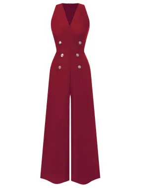 [Pre-Sale] Red 1950s Sleeveless Buttoned Solid Jumpsuit