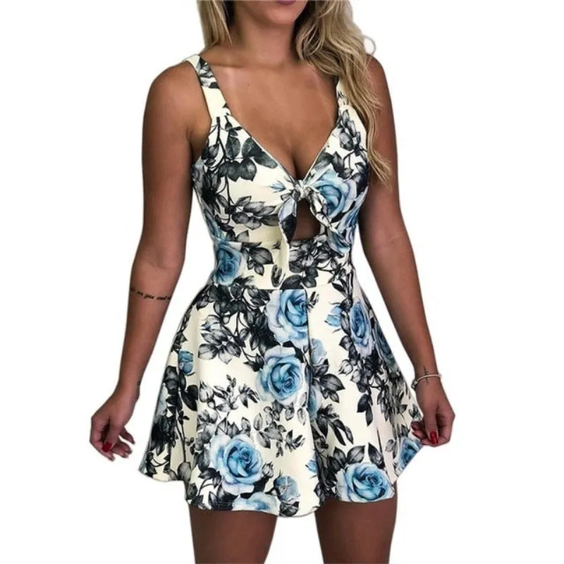 Print Slim V-Neck Sleeveless Romper