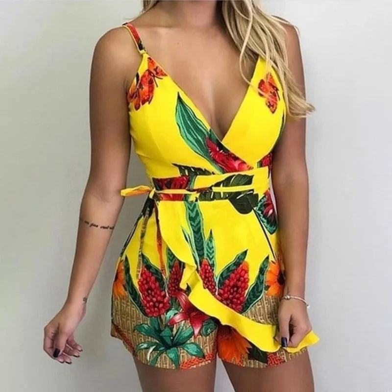 Print Slim V-Neck Sleeveless Romper