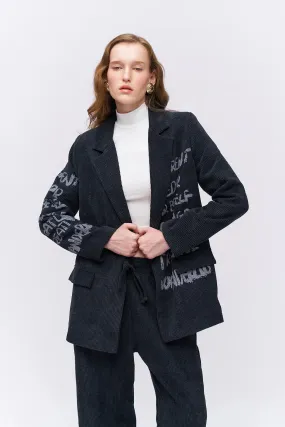 Printed Detailed Velvet Blazer Jacket Anthracite