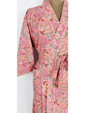 Pure Cotton Indian Handprinted House Robe Summer Kimono | Pink Flower Blossom Beach Coverup/Comfy Maternity Mom