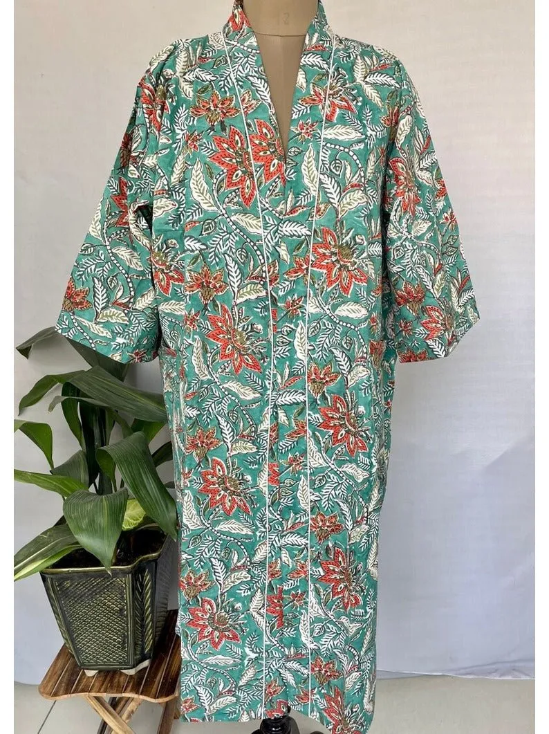 Pure Cotton Kimono Indian Handprinted Boho House Robe Summer Dress, Gorgeous Turquoise Peach Botanical Beach Coverup Maternity Mom Bridal