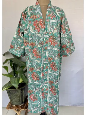 Pure Cotton Kimono Indian Handprinted Boho House Robe Summer Dress, Gorgeous Turquoise Peach Botanical Beach Coverup Maternity Mom Bridal