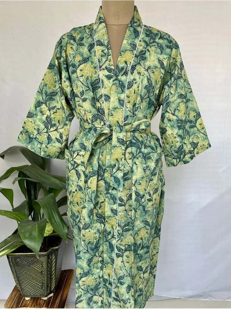 Pure Cotton Kimono Indian Handprinted Boho House Robe Summer Dress, Smokey Green Hue Floral Nature Garden Beach Coverup Maternity Mom Bridal