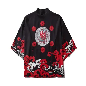 Red Waves Samurai Kimono