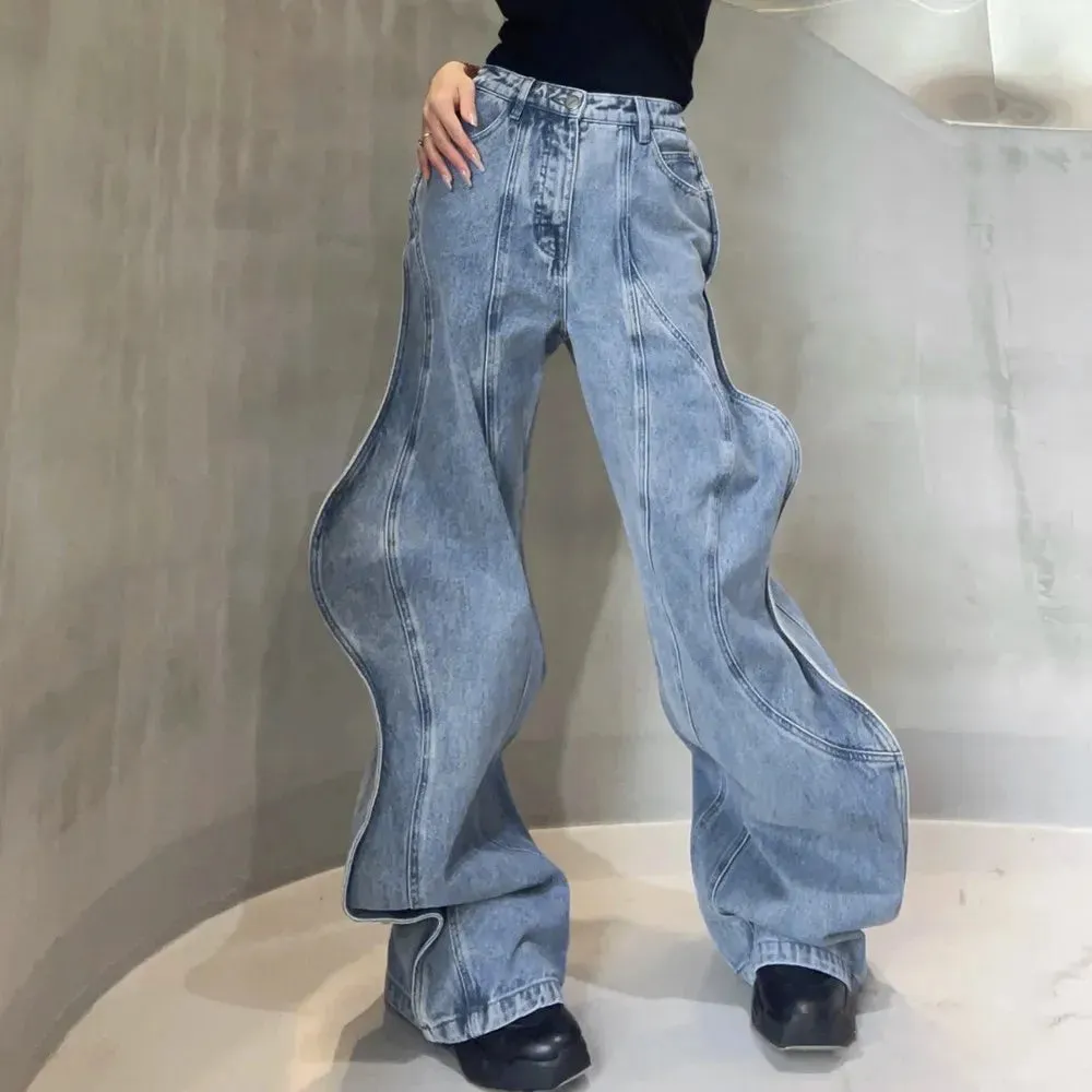 Retro Wavy Denim Jeans - Women's Loose Fit