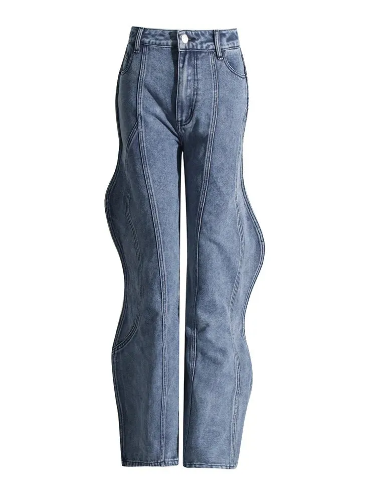 Retro Wavy Denim Jeans - Women's Loose Fit