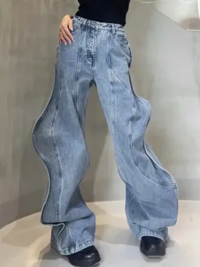 Retro Wavy Denim Jeans - Women's Loose Fit