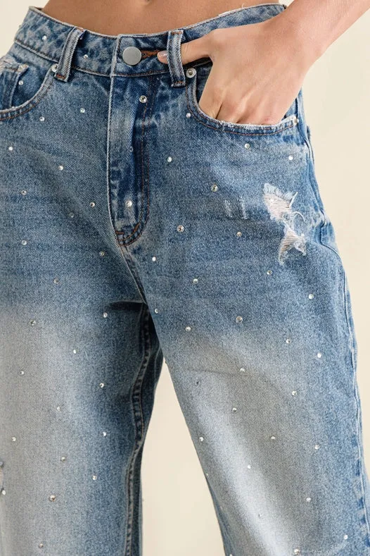 Rhinestone Studded Denim Jeans