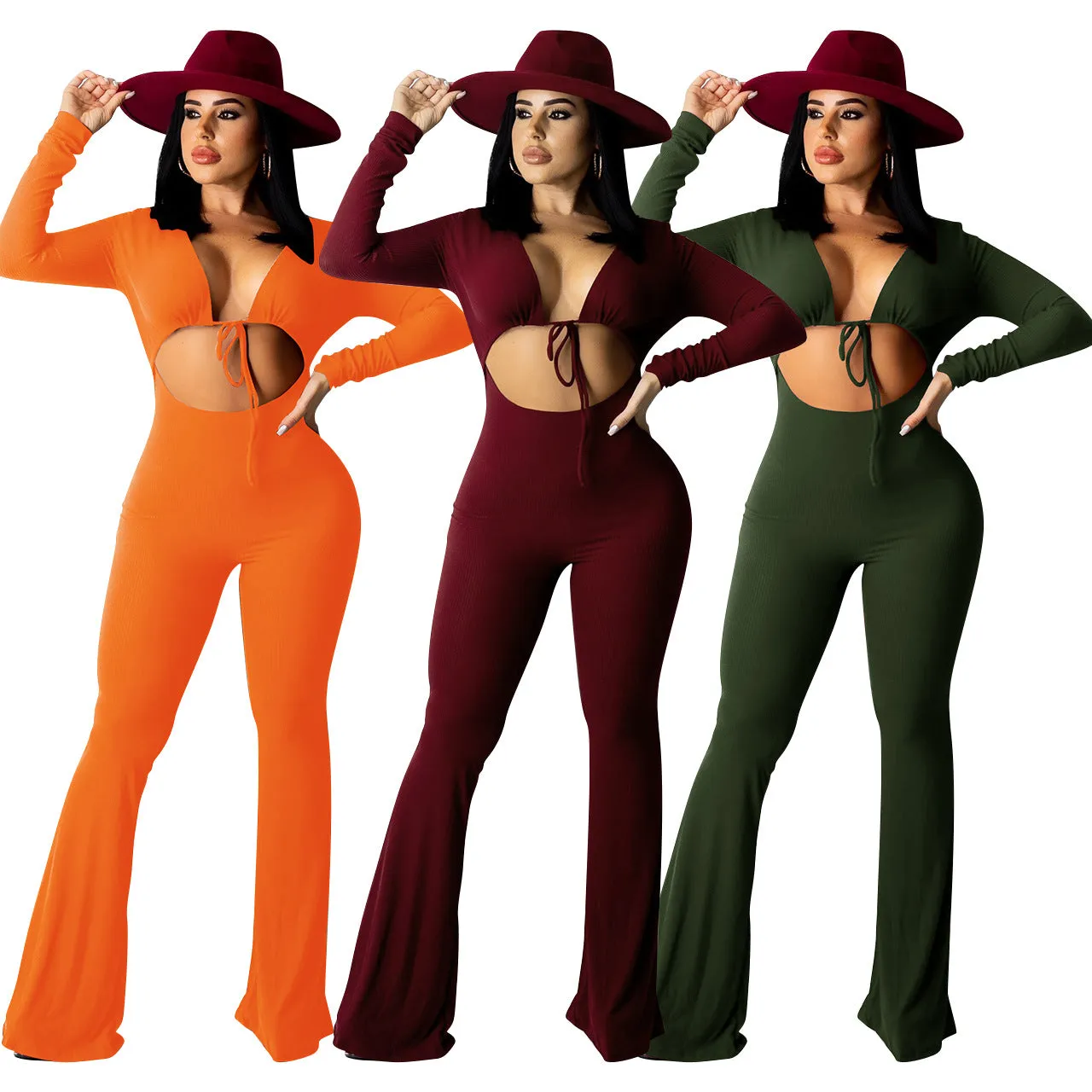 Ribbed Hollow Sexy Women Jumpsuit