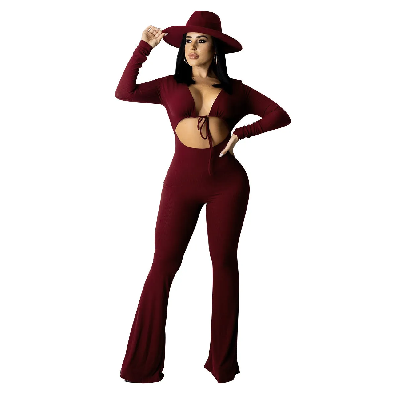 Ribbed Hollow Sexy Women Jumpsuit