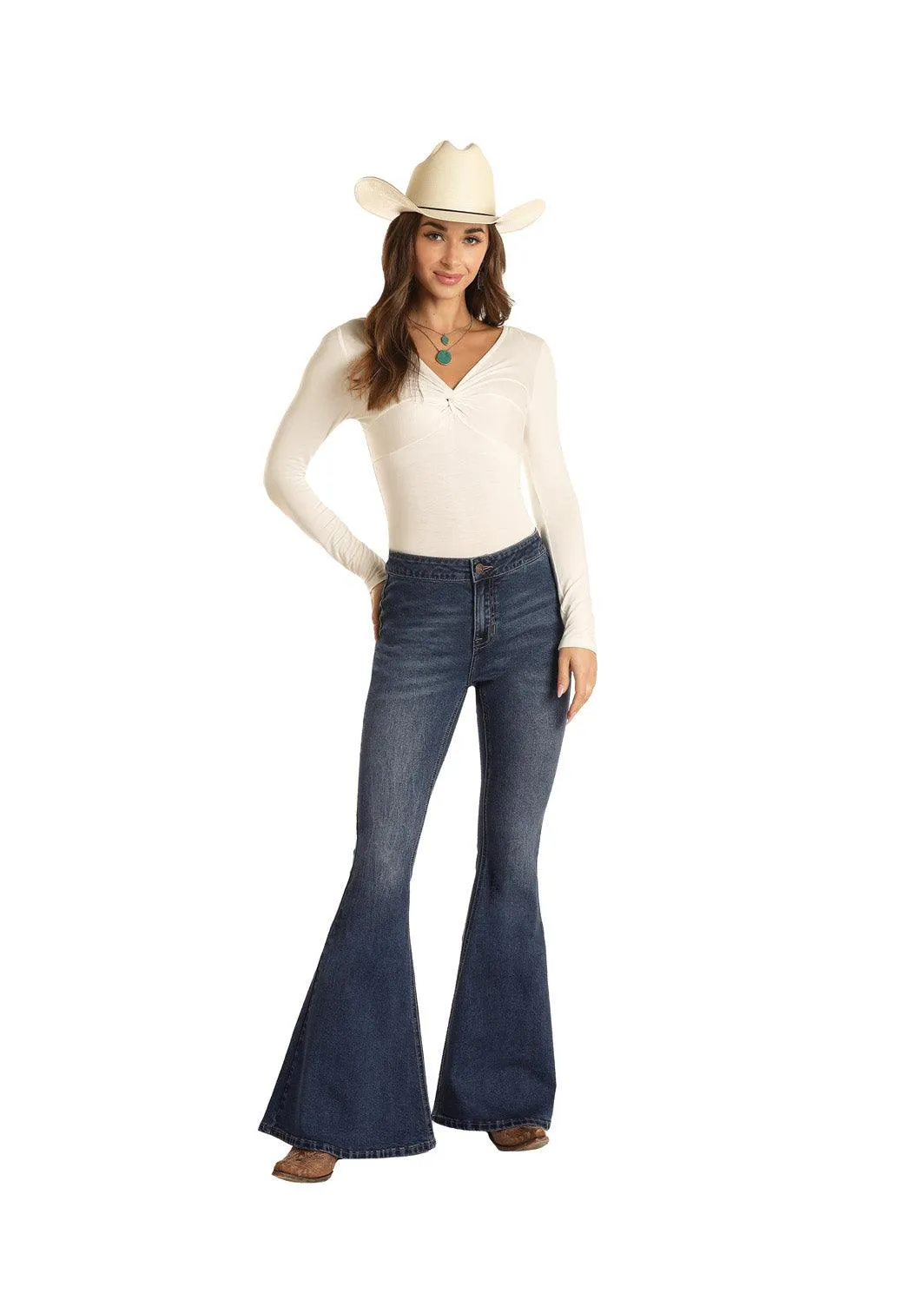 Rock & Roll Cowgirl Junior's High Rise Extra Stretch Bell Bottom Jeans WPB3508