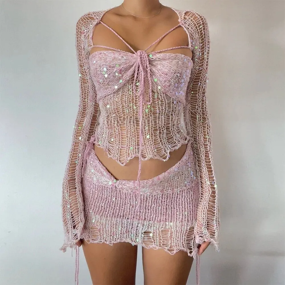 Sexy Pink Sequin Crochet Fishnet Set