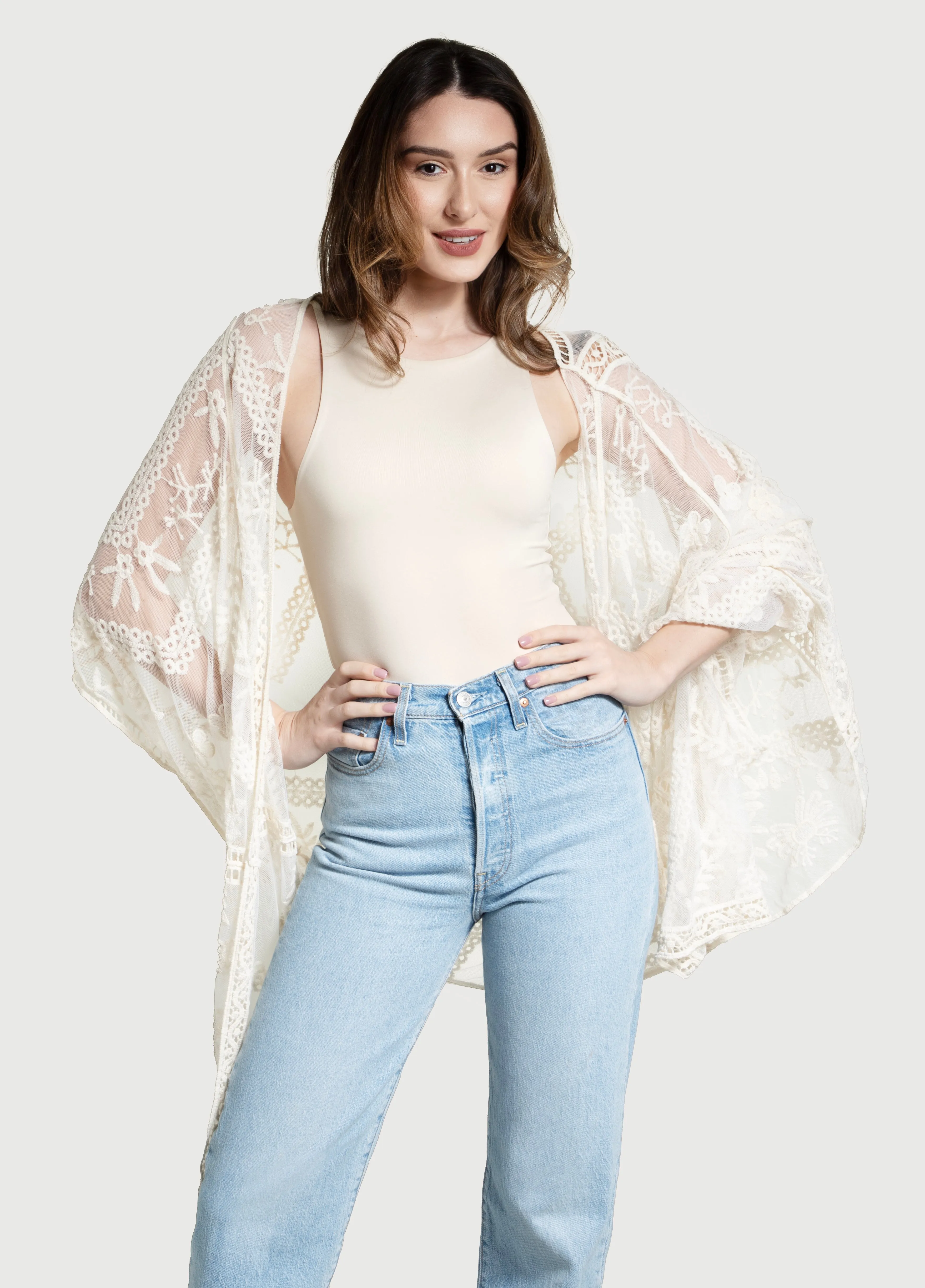 Sheer Lace Floral Kimono