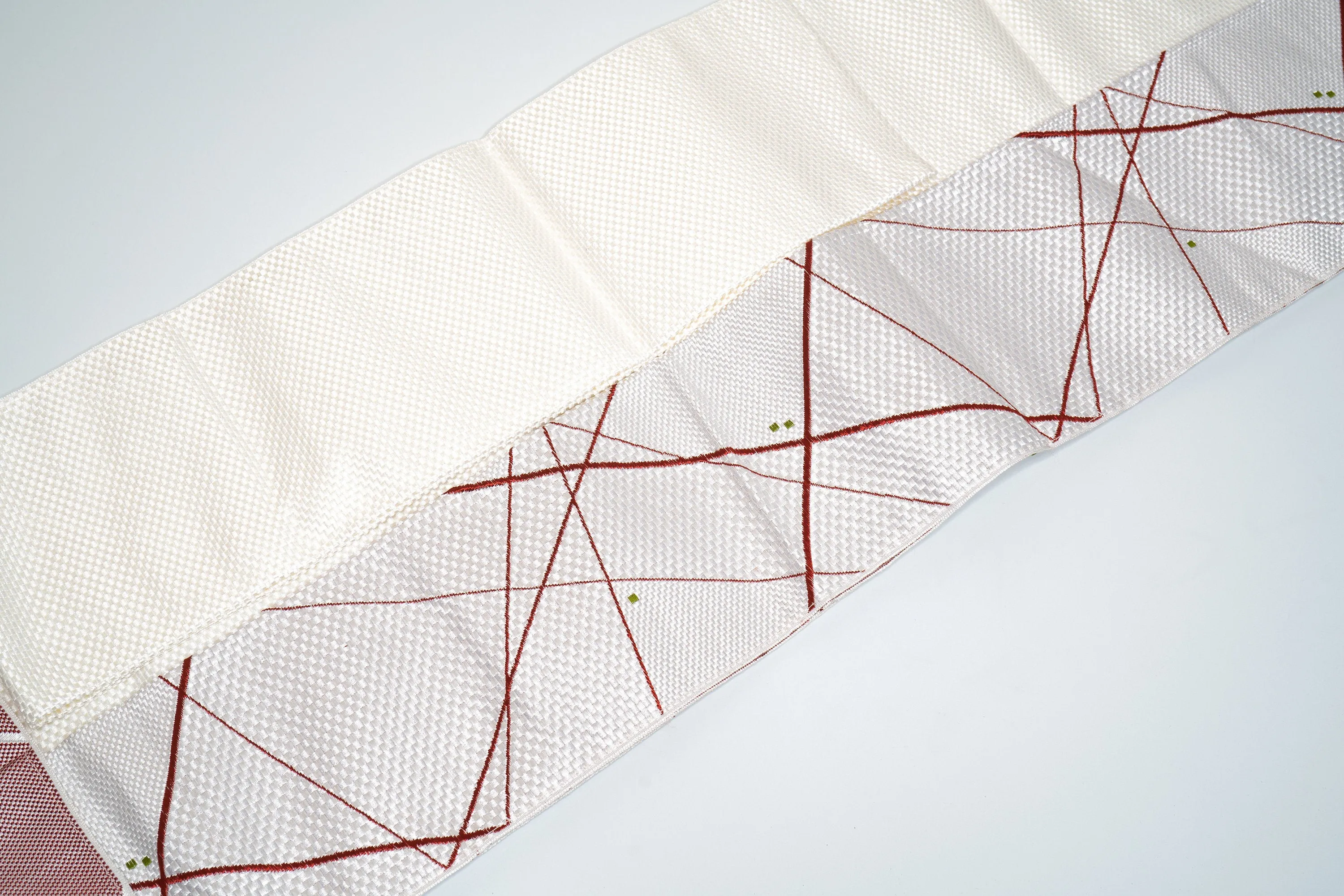 Shiny Embroidered White Obi - Abstract Red Lines Vintage Silk - Retro 1980s Style