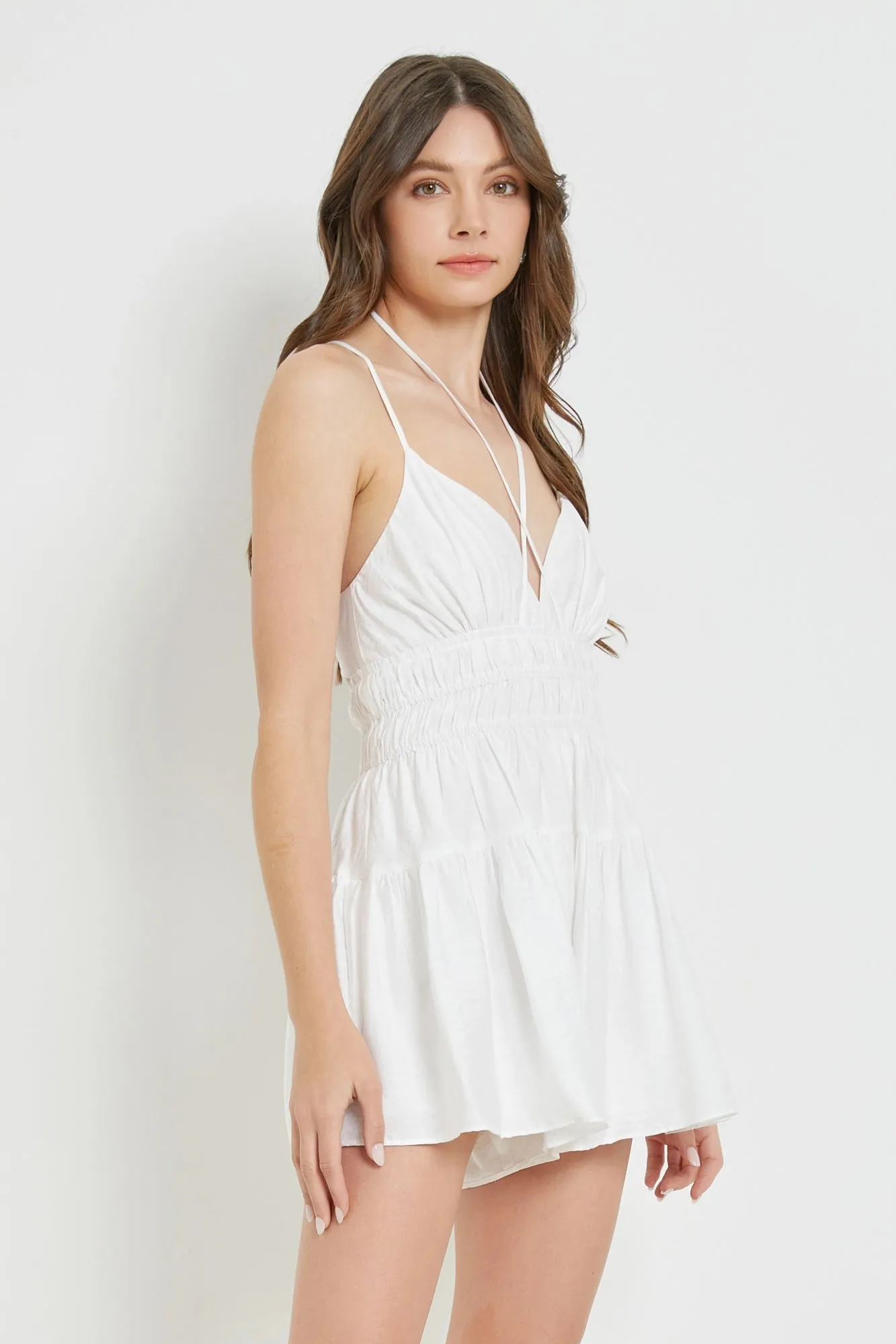 Shirred Drawstring Back Zip Halter Romper