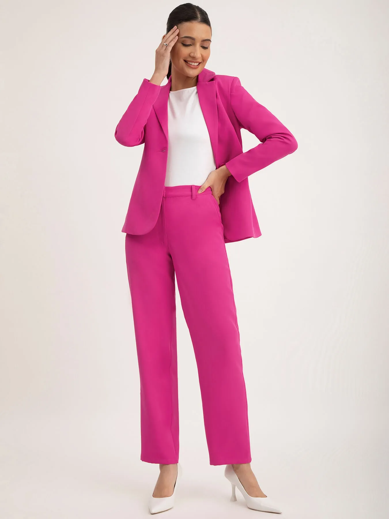 Single Breasted Blazer And Trousers Co-ord - Fuchsia