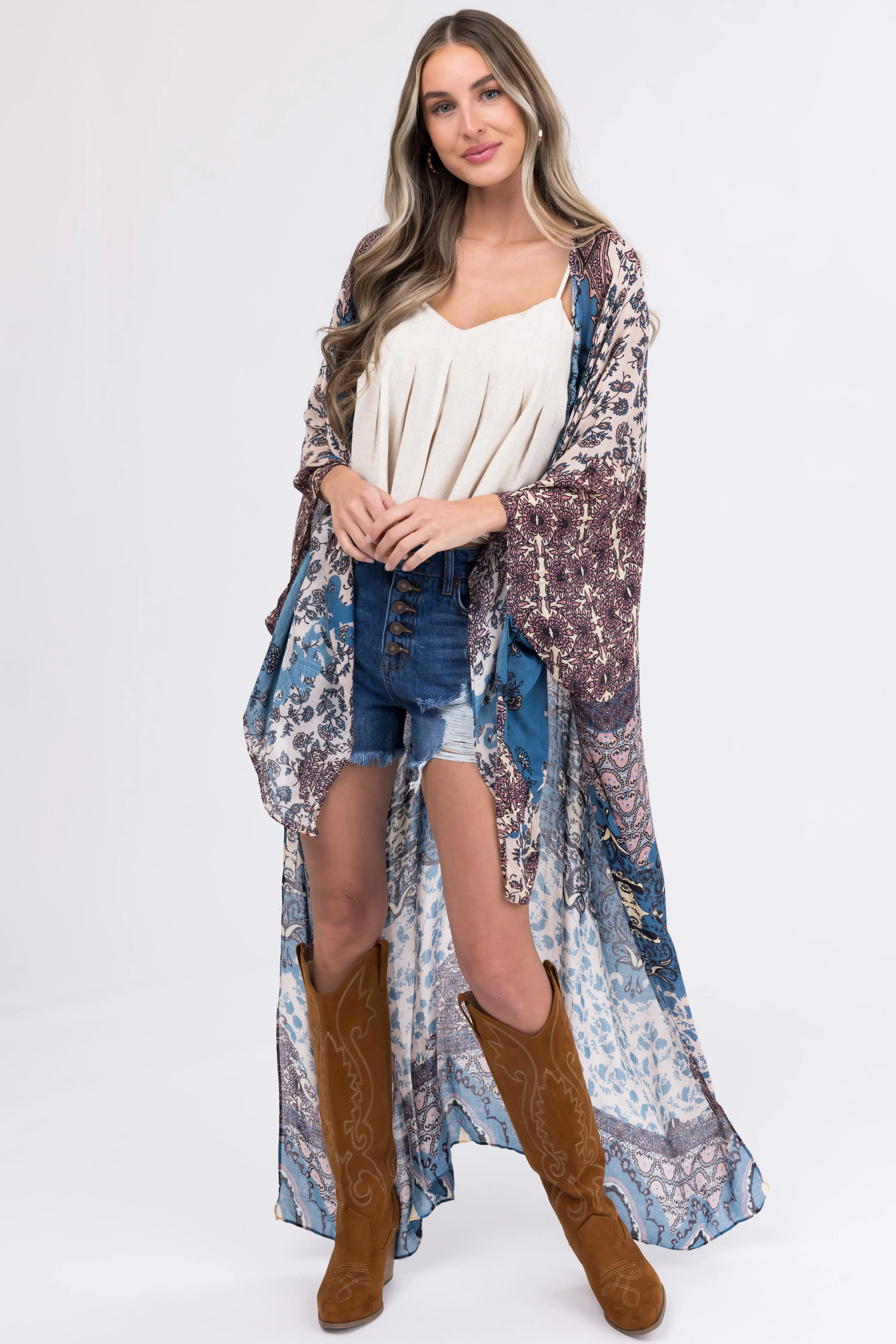 Steel Blue Abstract Floral Print Long Kimono