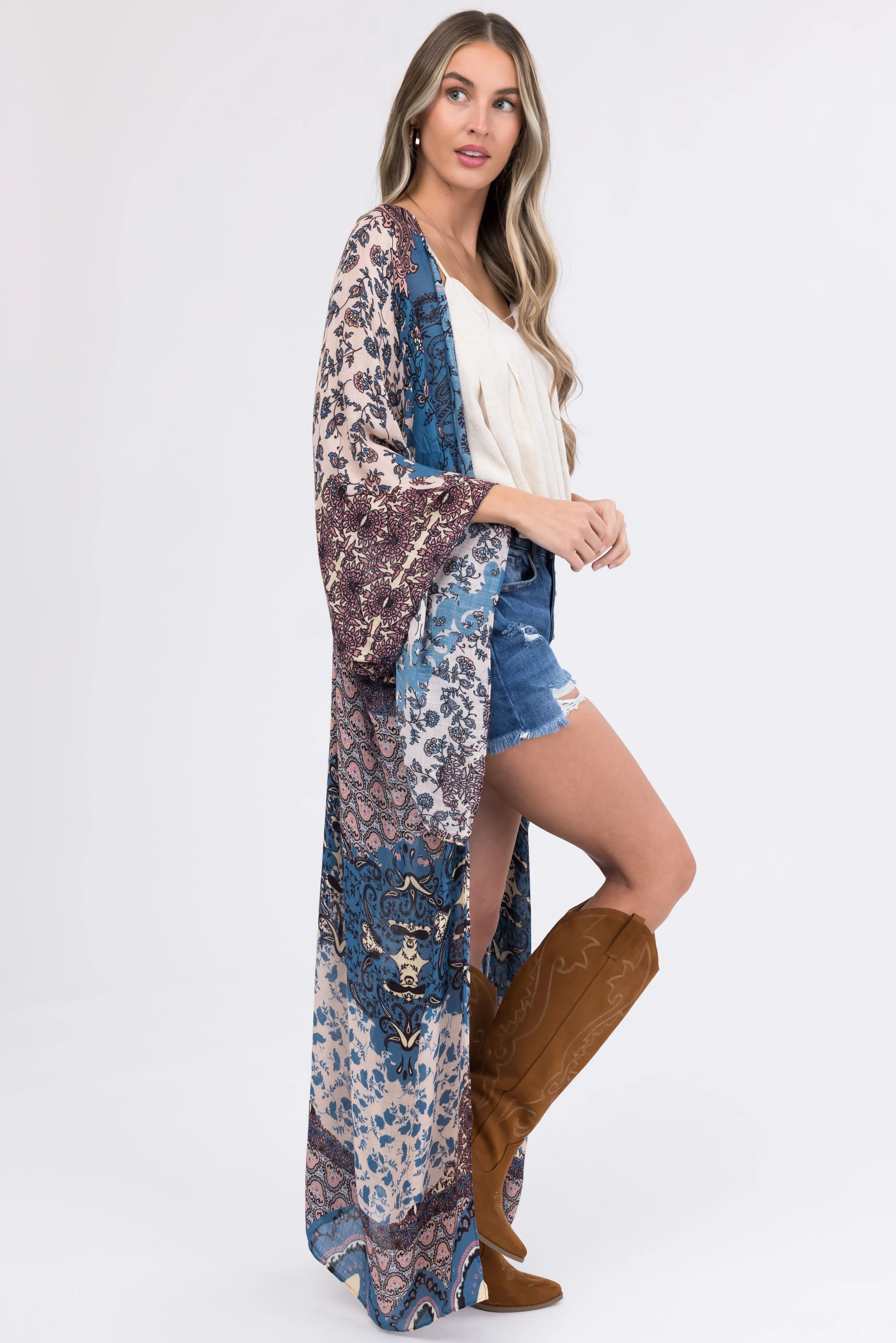 Steel Blue Abstract Floral Print Long Kimono