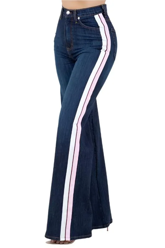 Striped Wide Leg Pant in Dark Denim