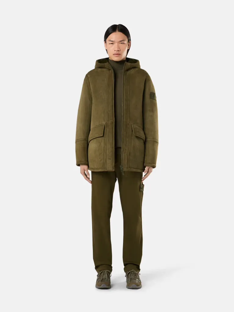 SUEDE SHEEPSKIN Hooded Jacket with Anti-Drop and Zipper - Military Green