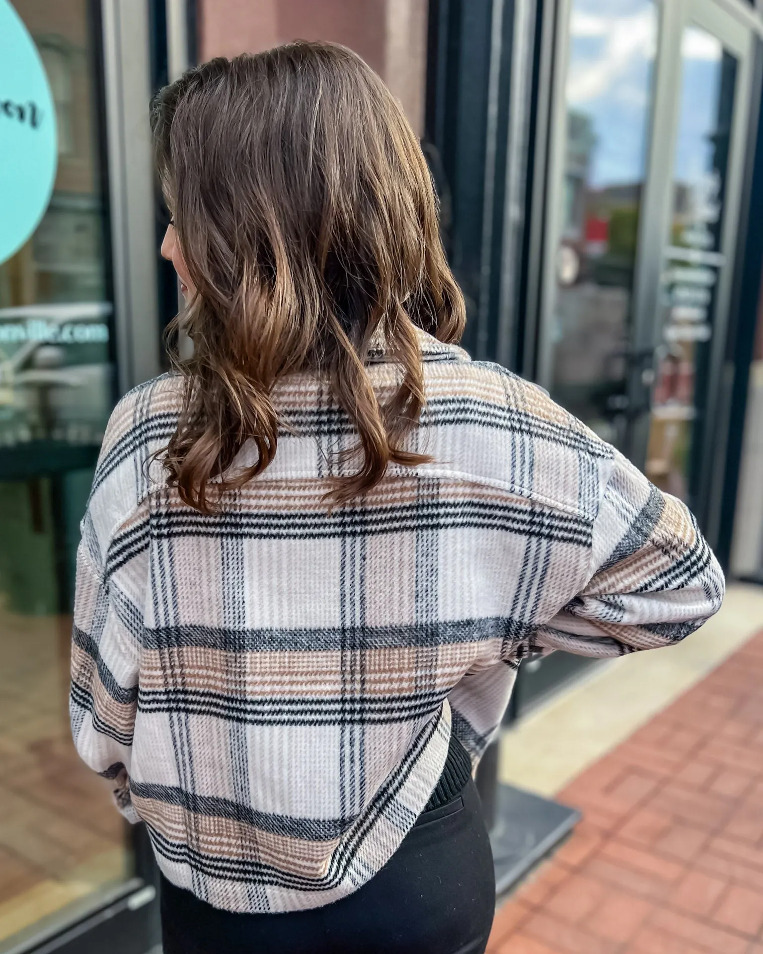 Taupe and Black Plaid Button-Down Jacket