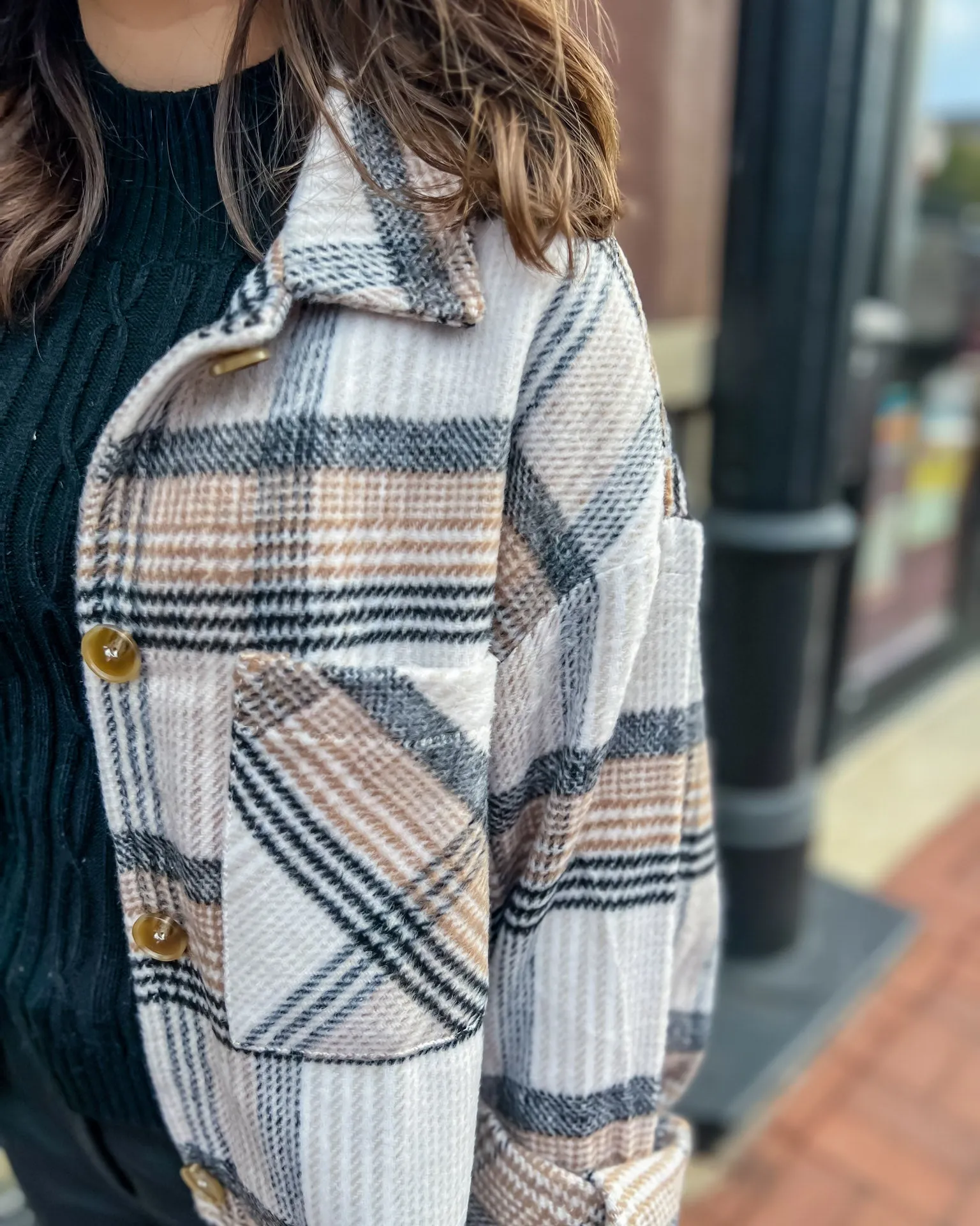 Taupe and Black Plaid Button-Down Jacket