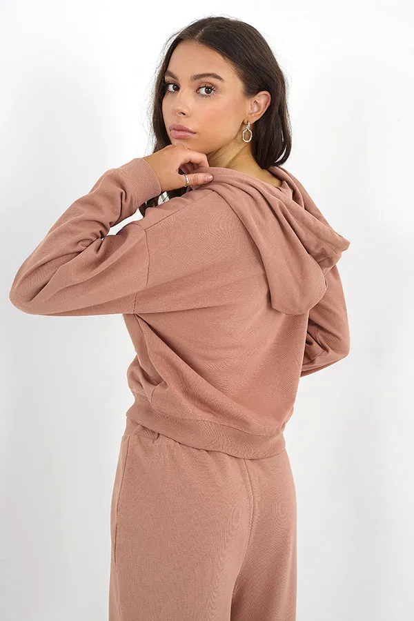 TAUPE CROPPED ZIP THROUGH HOODED SWEATSHIRT