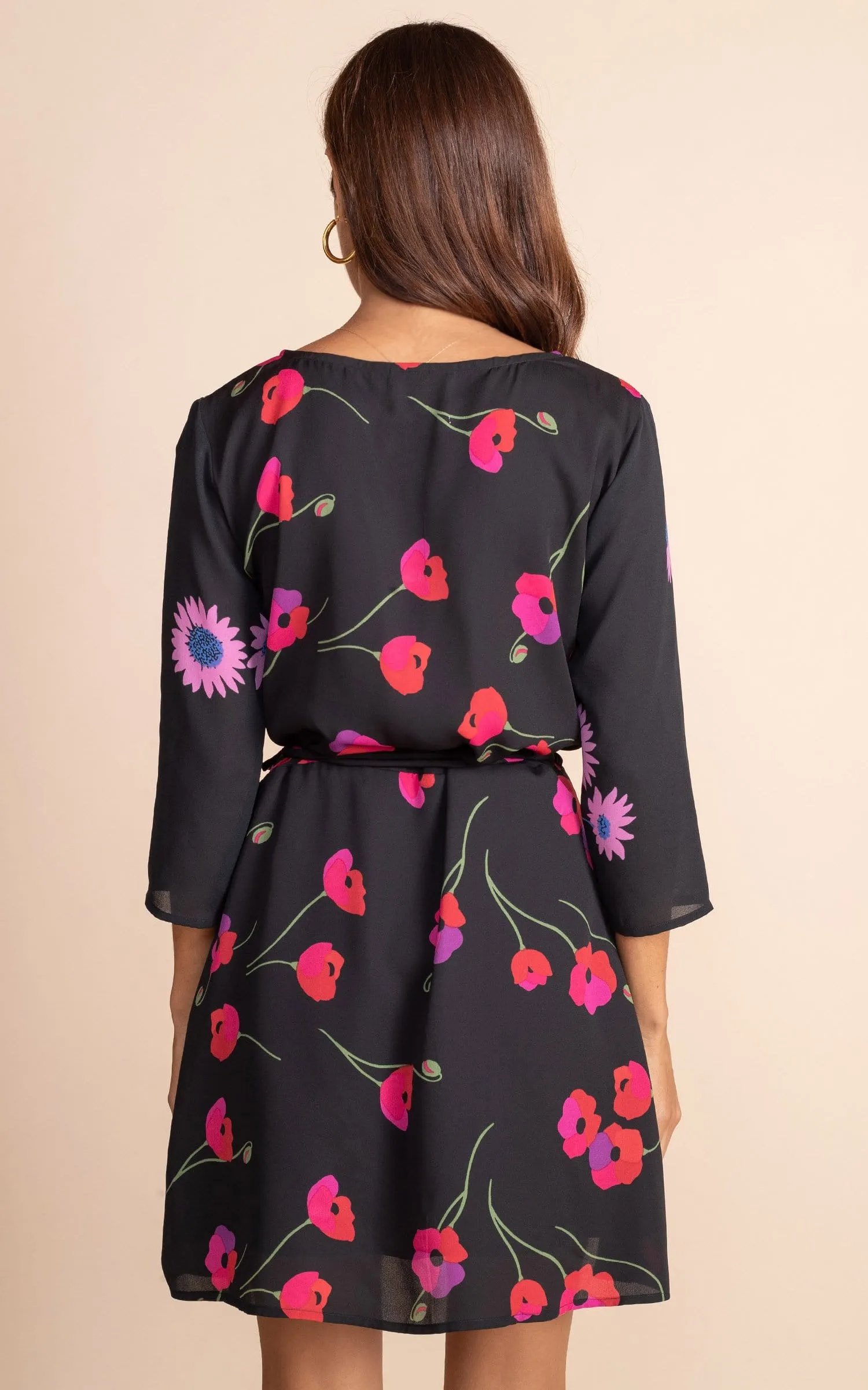 Teagan Mini Wrap Dress in Poppies on Black Mix