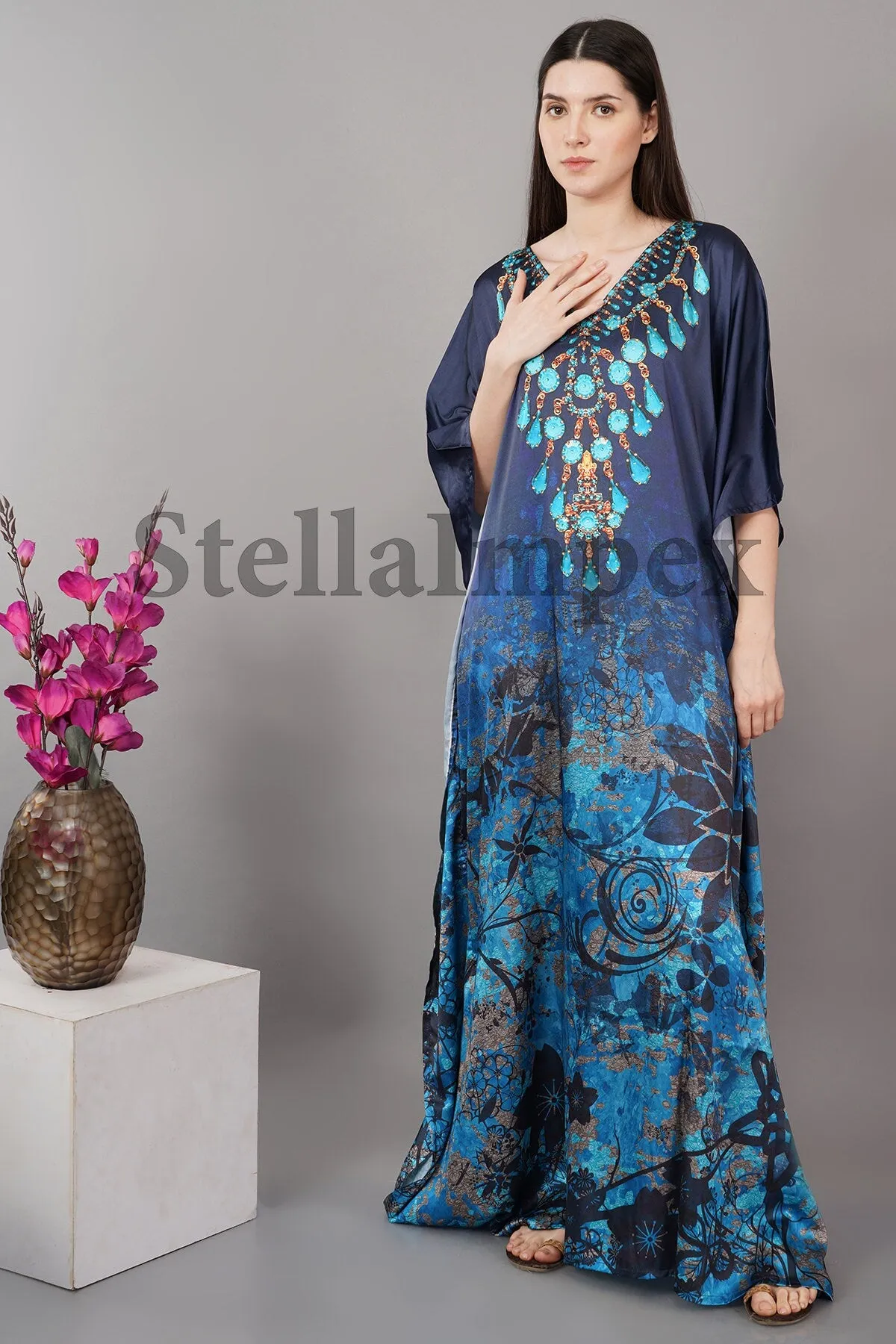 Trendy Crepe Silk Kaftan, Elegant Blue Long Caftan Resort Wear Beach Dress Boho Kaftan, Gift for Her