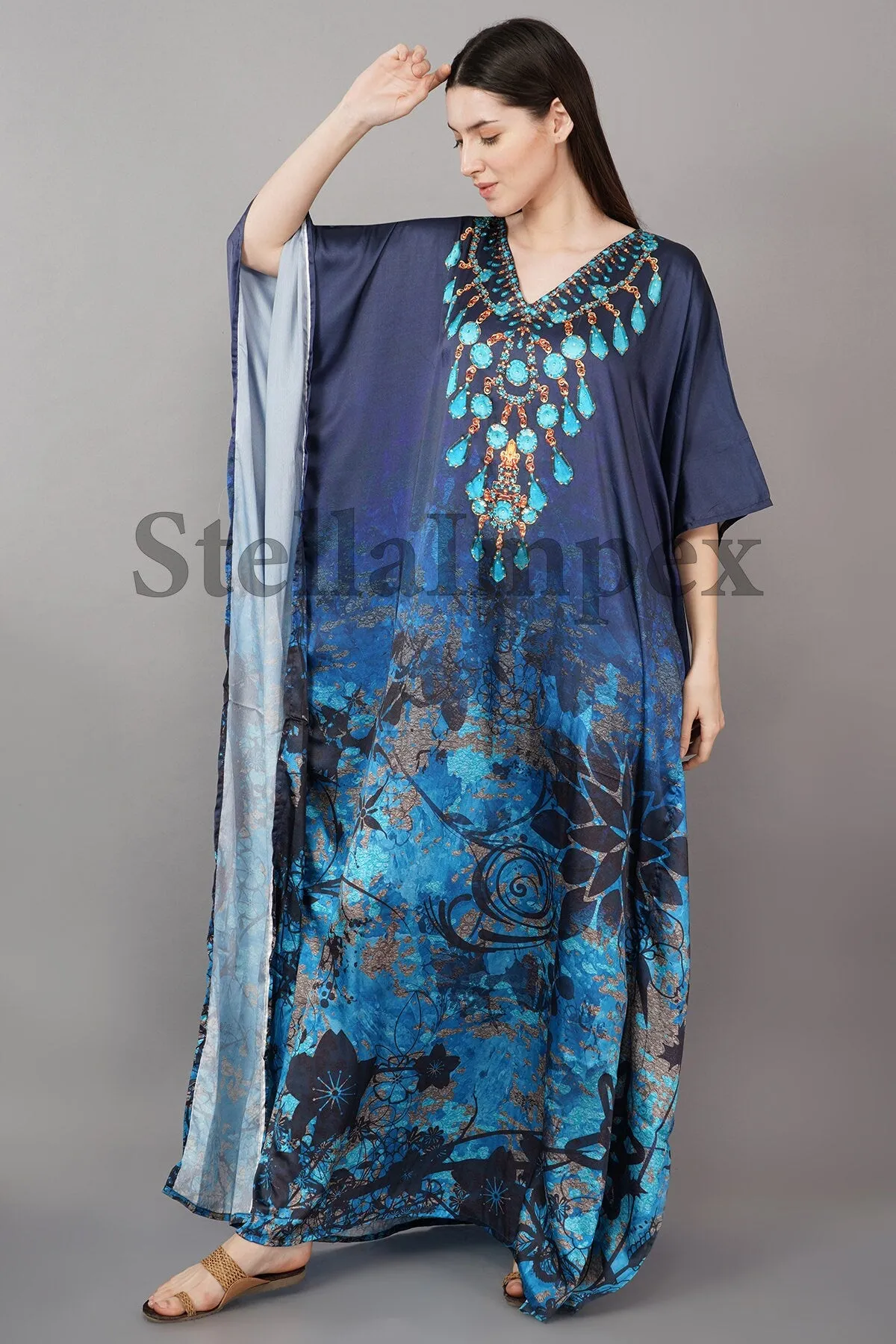 Trendy Crepe Silk Kaftan, Elegant Blue Long Caftan Resort Wear Beach Dress Boho Kaftan, Gift for Her