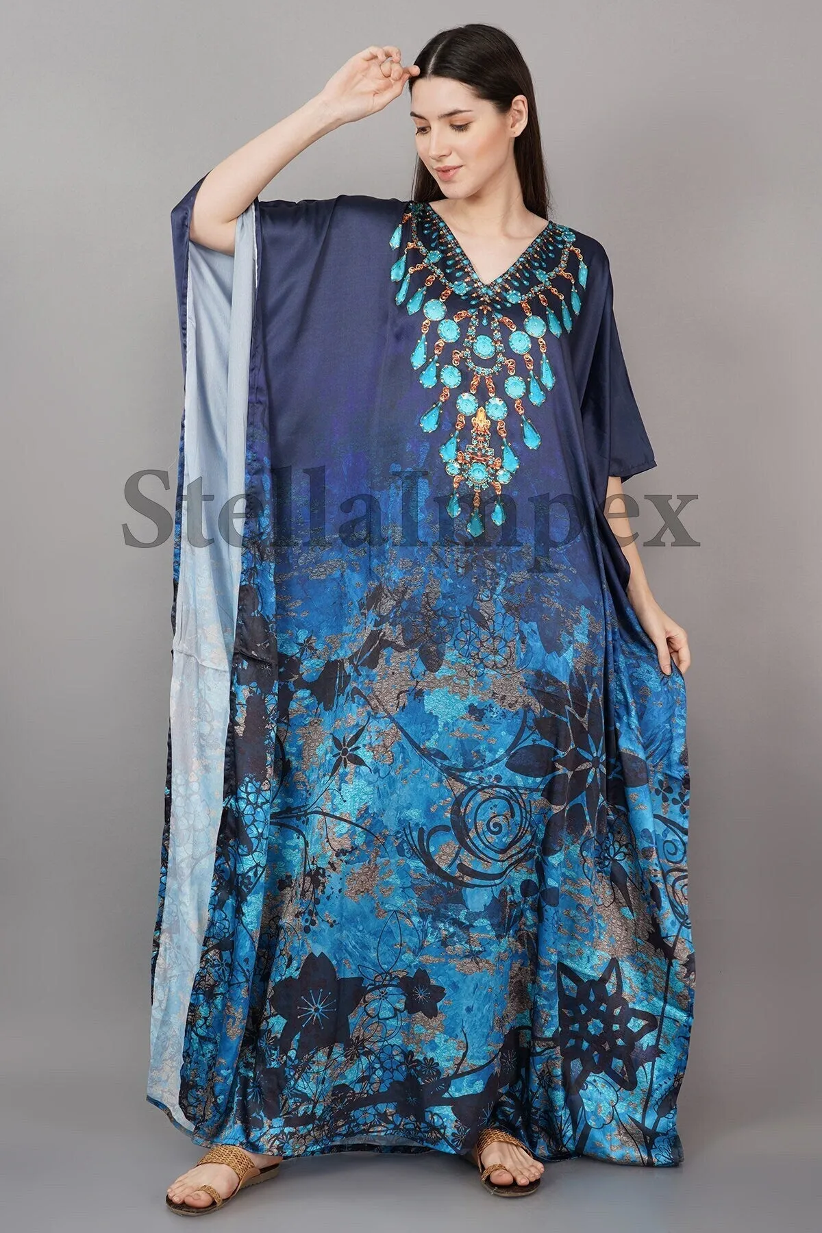 Trendy Crepe Silk Kaftan, Elegant Blue Long Caftan Resort Wear Beach Dress Boho Kaftan, Gift for Her