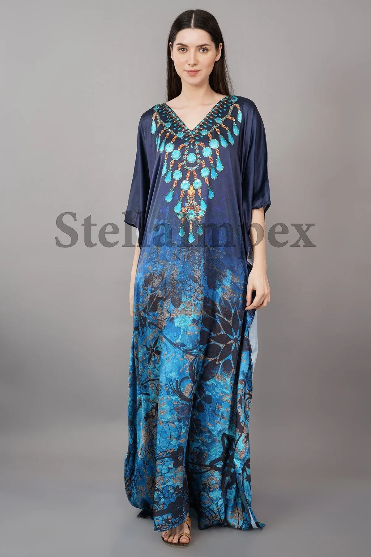 Trendy Crepe Silk Kaftan, Elegant Blue Long Caftan Resort Wear Beach Dress Boho Kaftan, Gift for Her